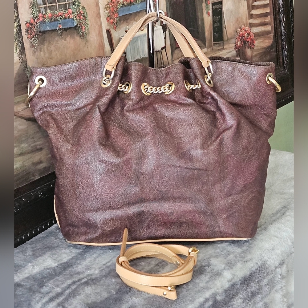 Etro Maroon and Beige Tote with Gold Details